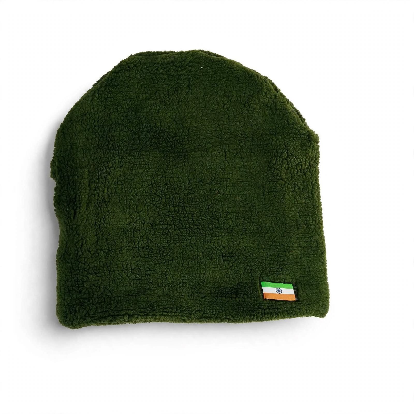 Indian Flag Sherpa Beanie Cap - Olive Green Dual Shade Fleece Winter Topi - Image 5