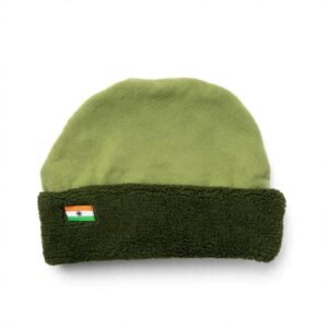 Indian Flag Sherpa Beanie Cap - Olive Green Dual Shade Fleece Winter Topi