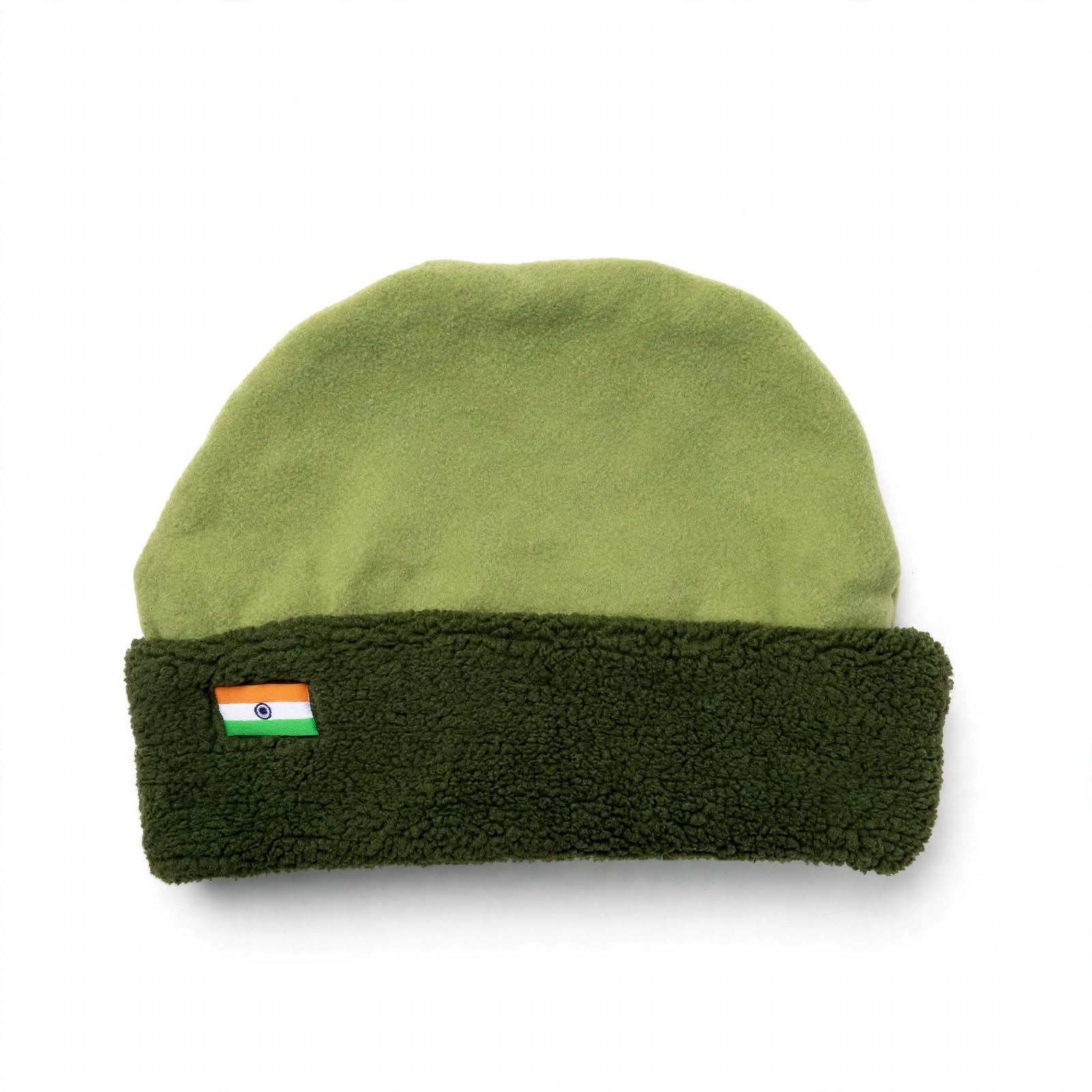 Indian Flag Sherpa Beanie Cap - Olive Green Dual Shade Fleece Winter Topi
