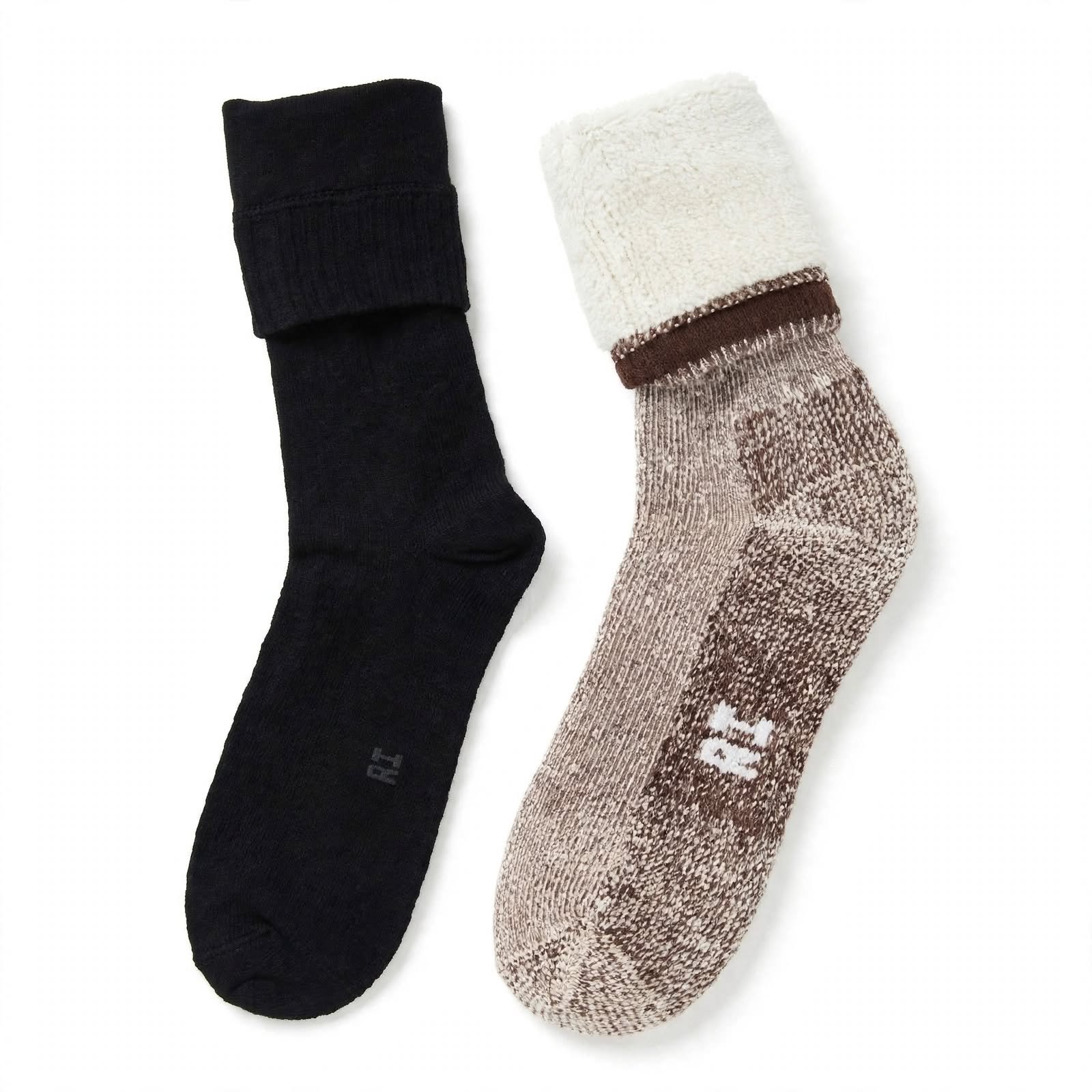 Men's Marled Wool Camp Socks - Brown Beige Thermal Socks with Fleece Lined Cuff