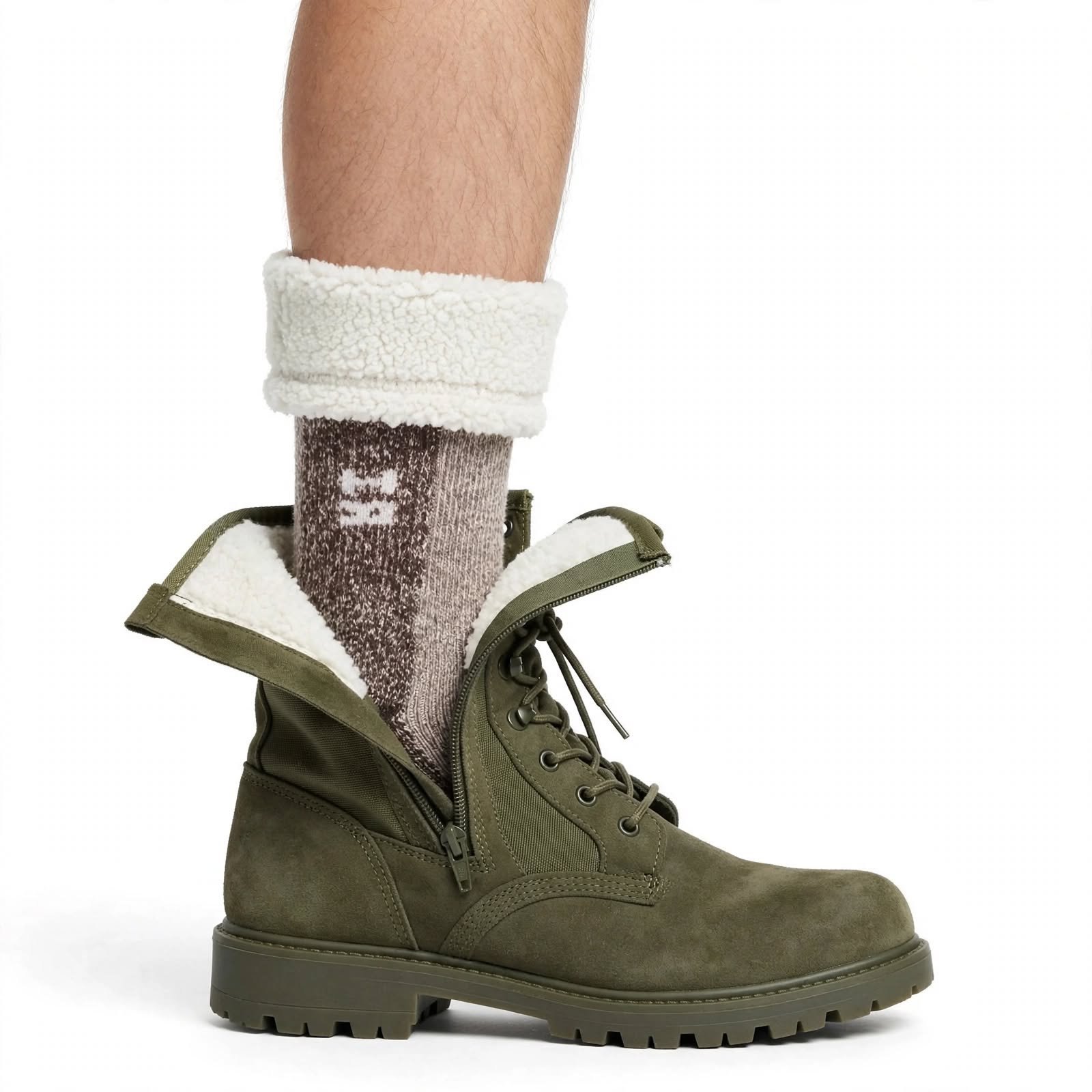 Men's Marled Wool Camp Socks - Brown Beige Thermal Socks with Fleece Lined Cuff - Image 4